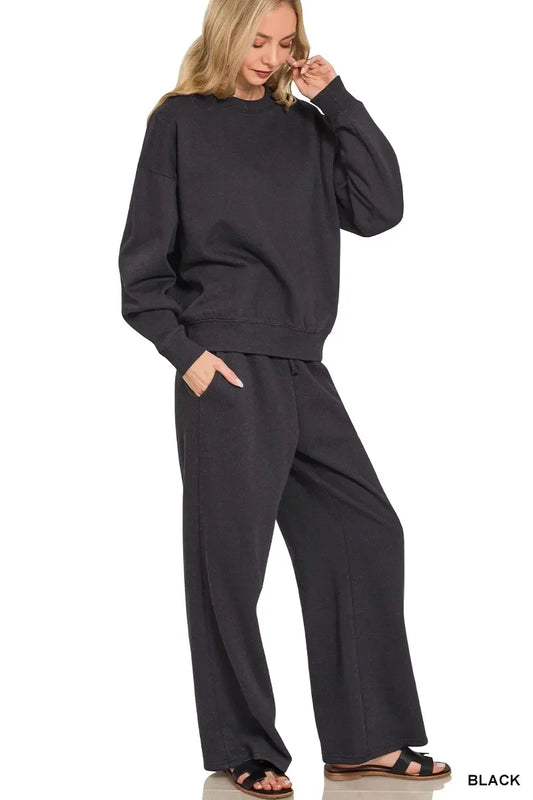 Zenana Fleece Long Sleeve Top and Sweatpants Set - Trendibles