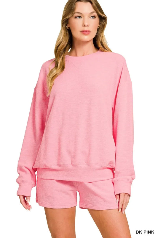 Zenana Slub Long Sleeve Top and Shorts Set - Trendibles