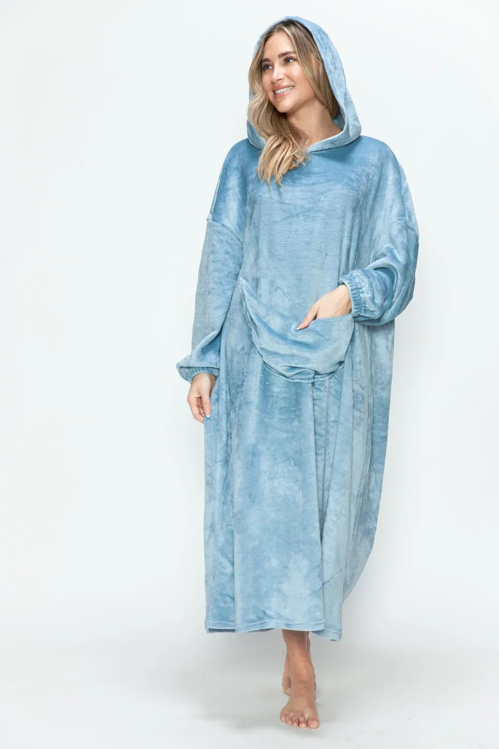 Double Take Full Size Pocketed Hooded Midi Lounge Dress - Trendibles