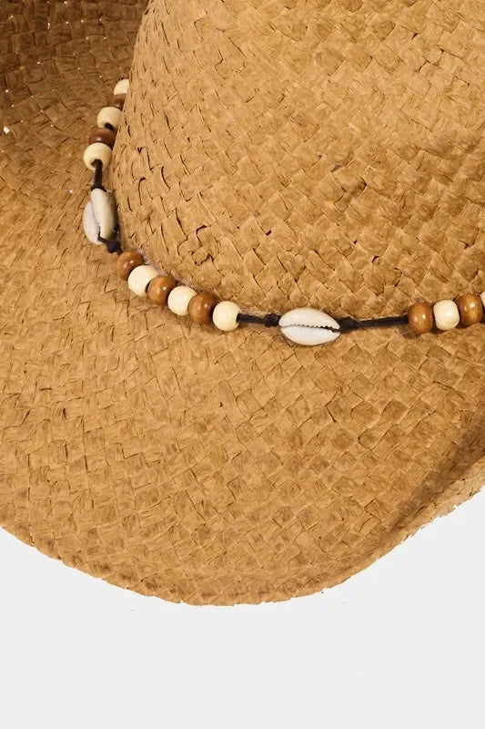 Fame Beaded Cowrie Shell Straw Weave Western Cowboy Hat - Trendibles
