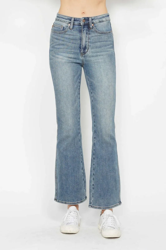 Judy Blue Full Size Tummy Control Back Embroidered Pocketed Bootcut Jeans Plus Size - Trendibles