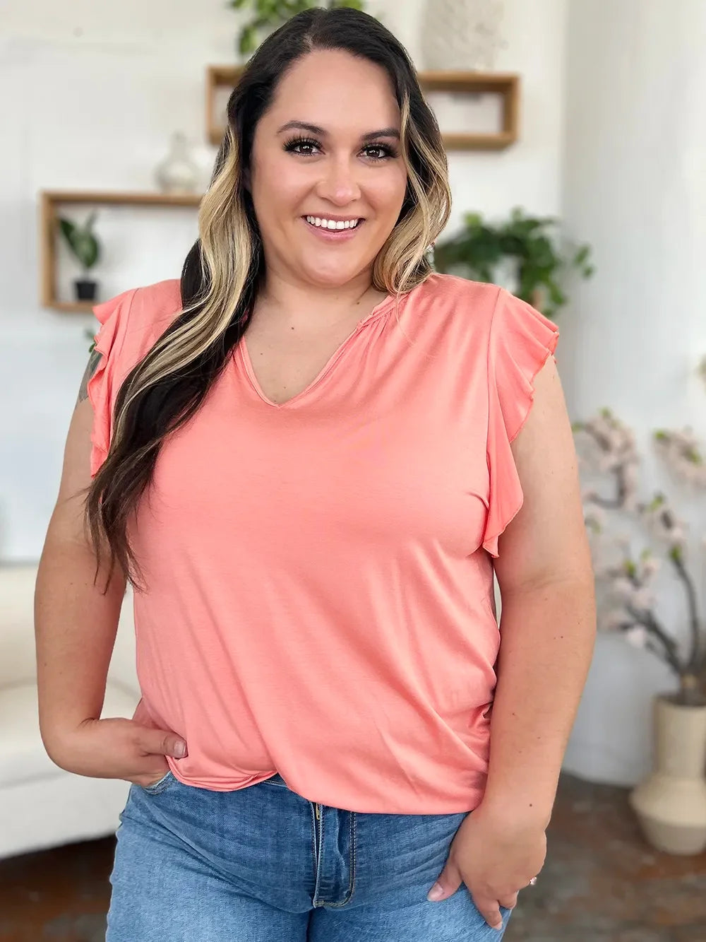 Basic Bae Full Size Bamboo Notched Ruffled Short Sleeve T-Shirt - Trendibles