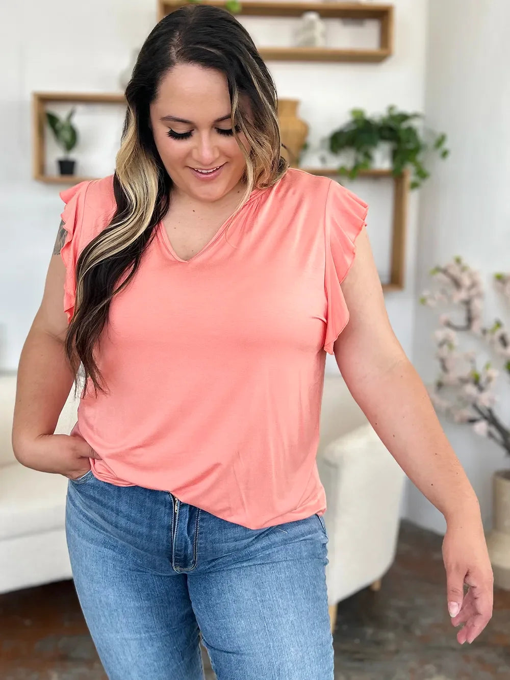 Basic Bae Full Size Bamboo Notched Ruffled Short Sleeve T-Shirt - Trendibles