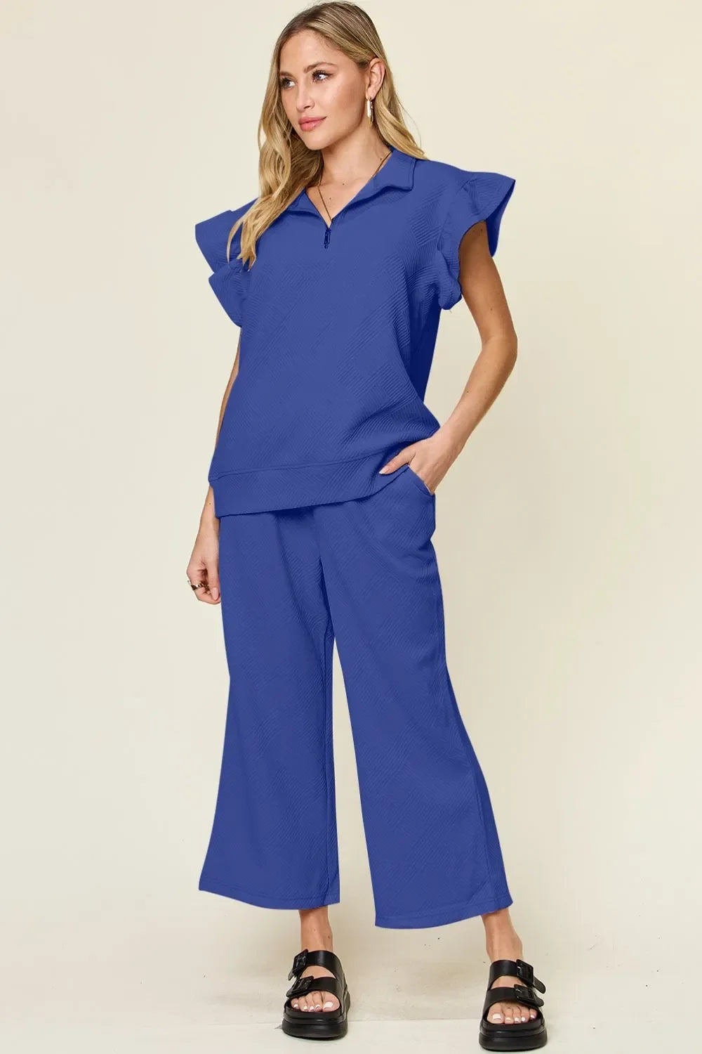 Double Take Texture Ruffle Short Sleeve Top and Drawstring Wide Leg Pants Set - Trendibles