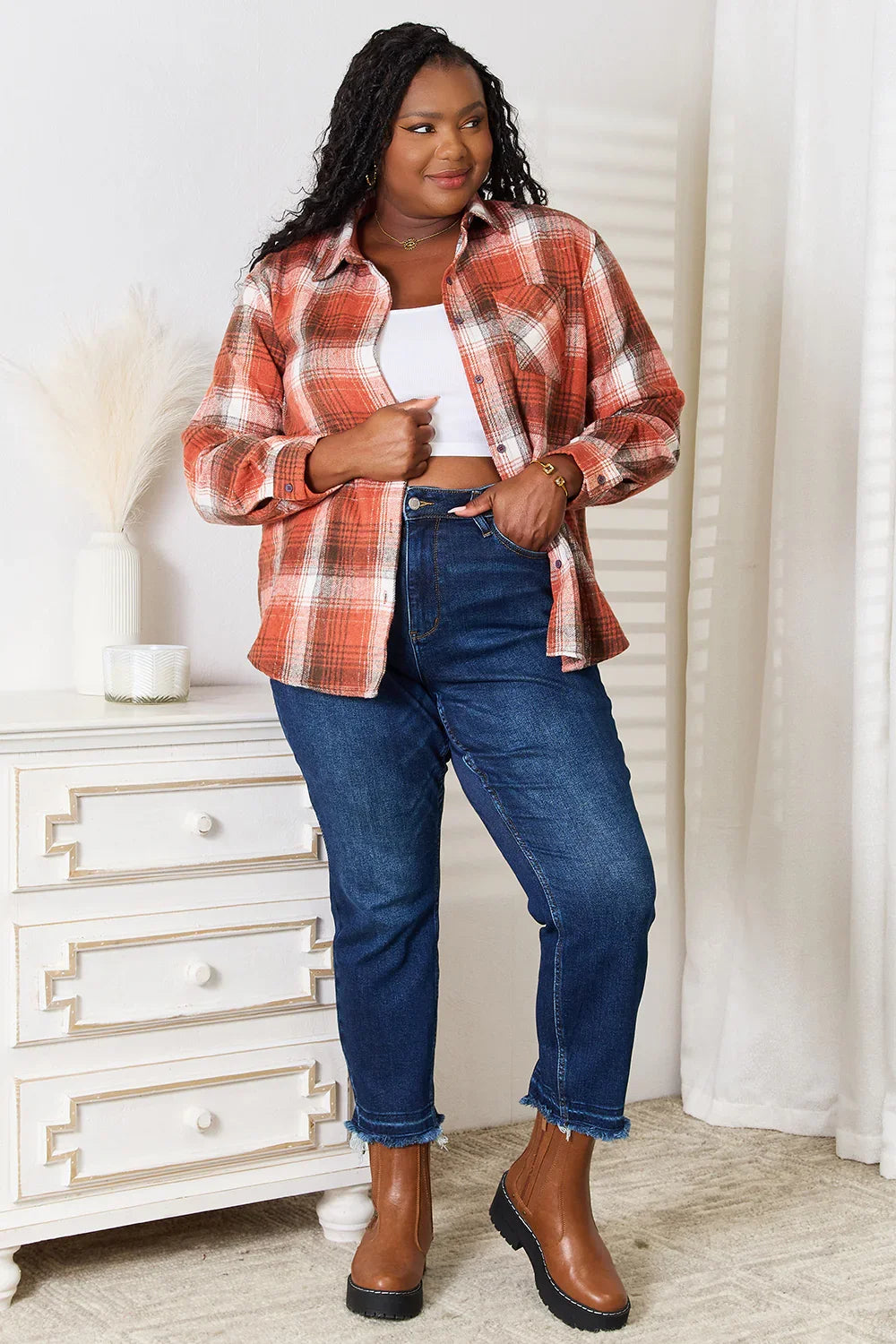 Plaid Collared Neck Long Sleeve Shirt - Trendibles