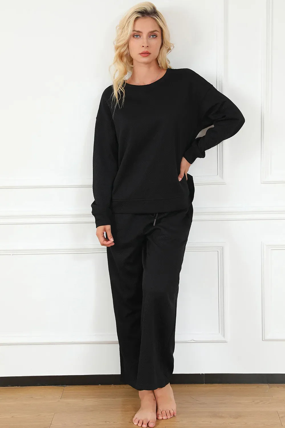 Double Take Full Size Textured Long Sleeve Top and Drawstring Pants Set - Trendibles