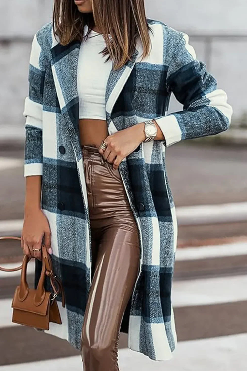 Double Take Full Size Plaid Button Up Lapel Collar Coat - Trendibles