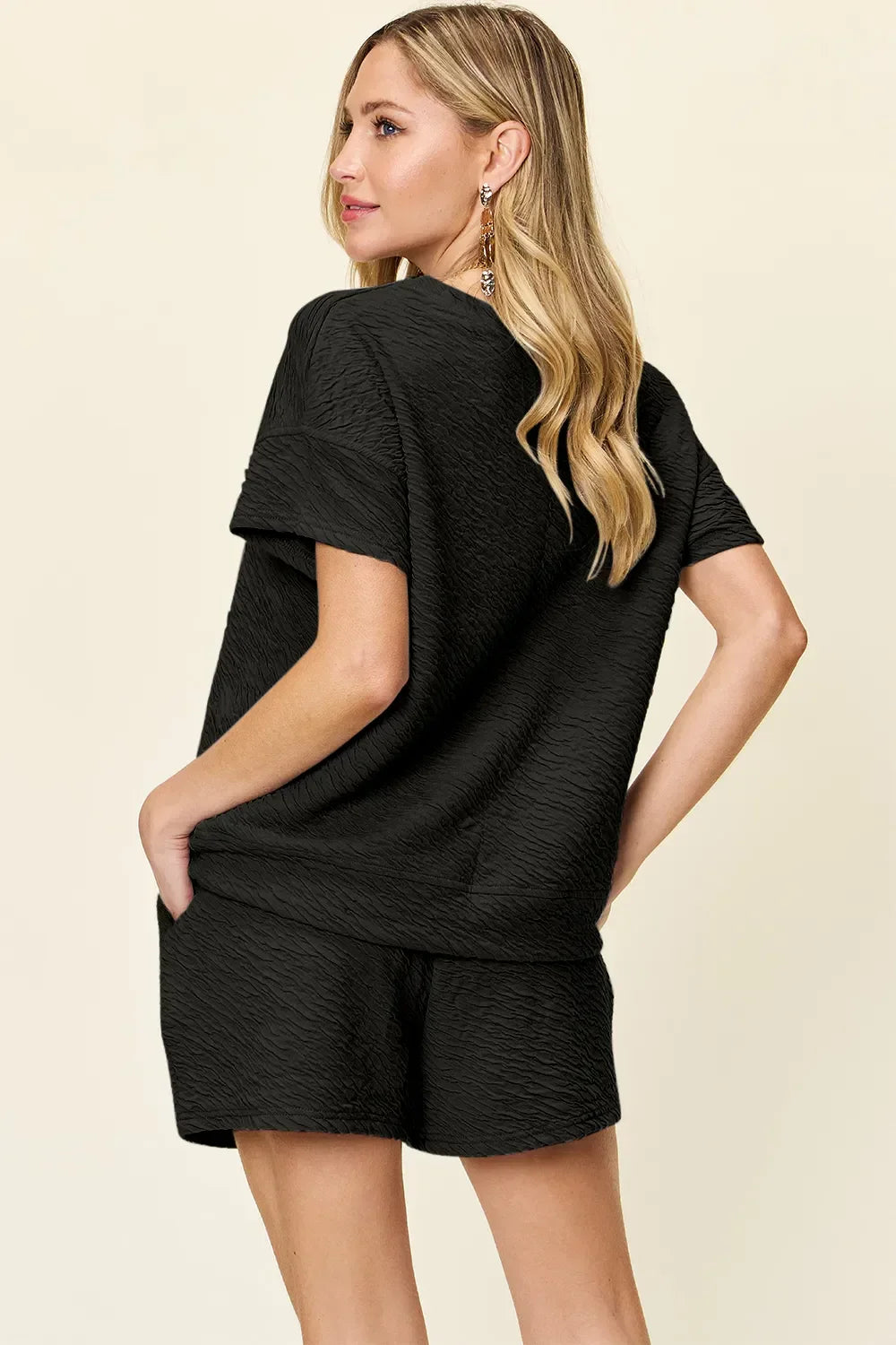 Double Take Full Size Texture Short Sleeve T-Shirt and Drawstring Shorts Set - Trendibles