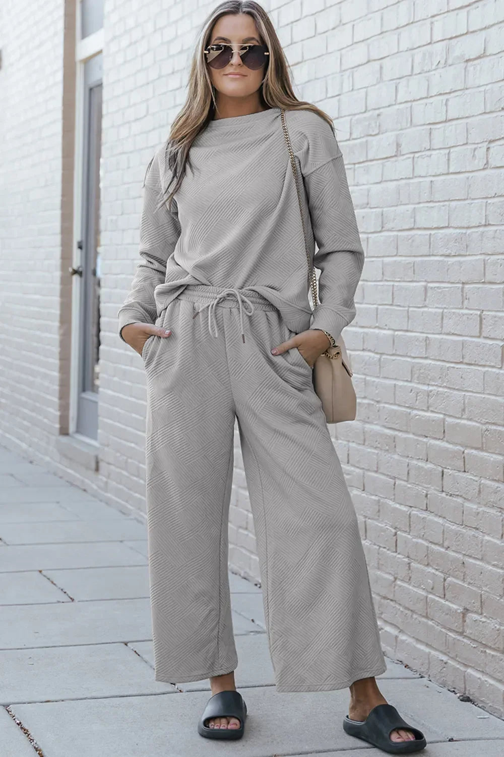 Double Take Full Size Textured Long Sleeve Top and Drawstring Pants Set - Trendibles