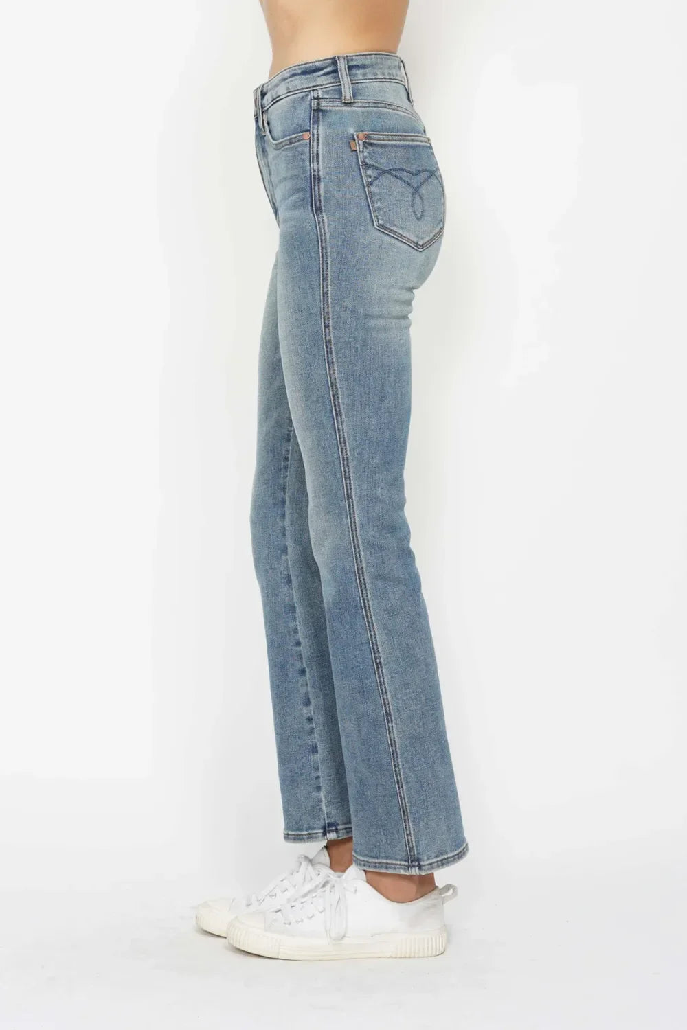 Judy Blue Full Size Tummy Control Back Embroidered Pocketed Bootcut Jeans Plus Size - Trendibles