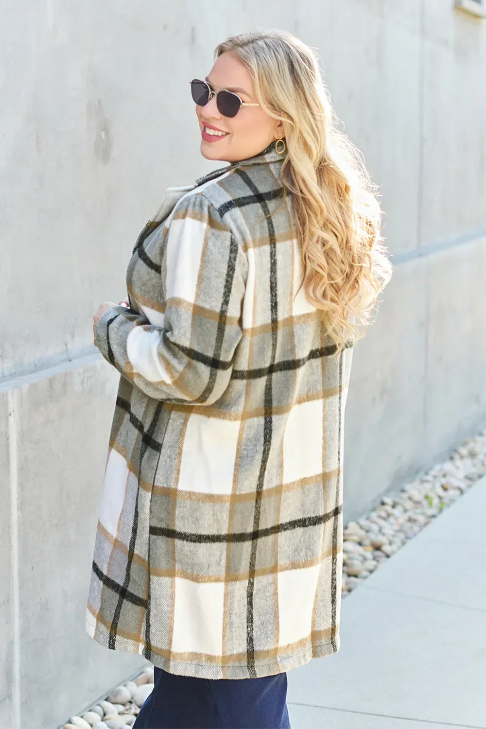 Double Take Full Size Plaid Button Up Lapel Collar Coat - Trendibles
