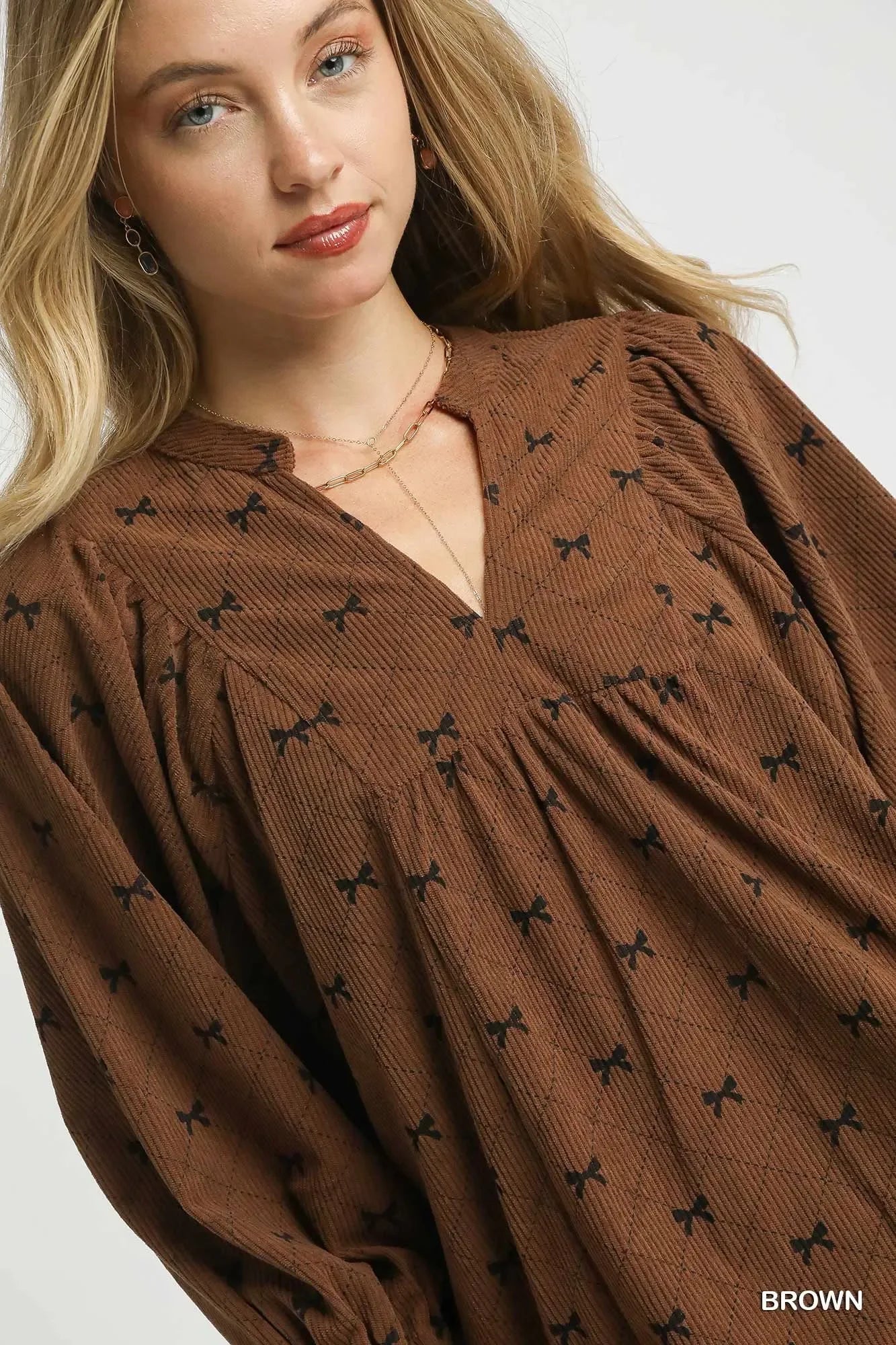 Umgee Corduroy Bow Print Balloon Sleeve Blouse - Trendibles