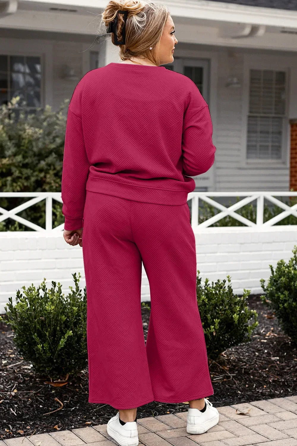 Double Take Full Size Textured Long Sleeve Top and Drawstring Pants Set - Trendibles