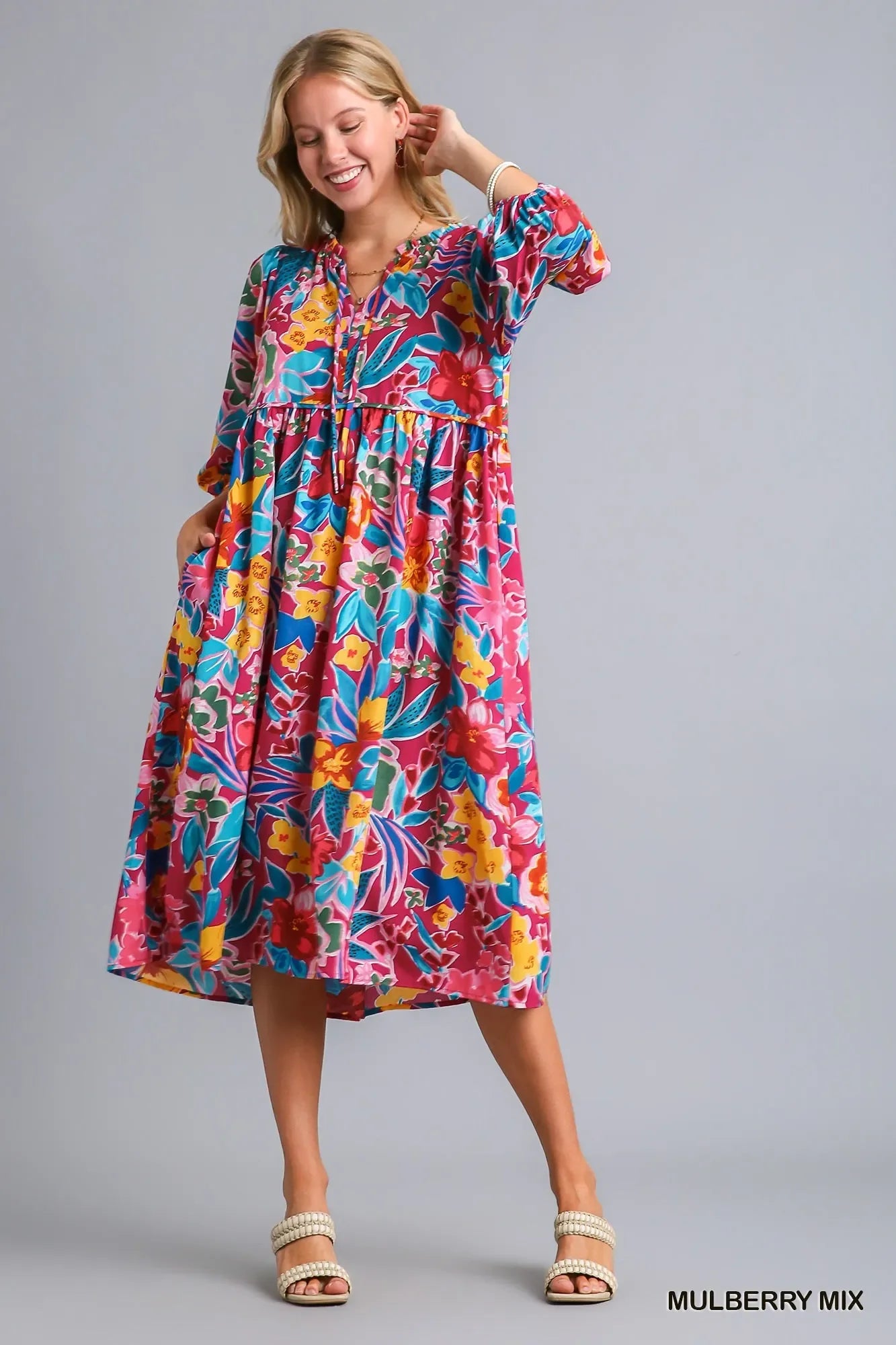 Umgee Full Size Floral Print Tie Neck Midi Dress with Pockets Plus Size - Trendibles