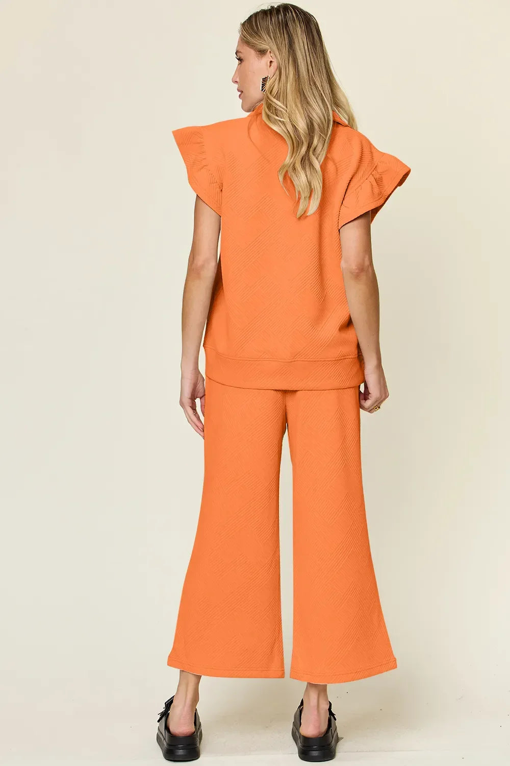 Double Take Texture Ruffle Short Sleeve Top and Drawstring Wide Leg Pants Set - Trendibles