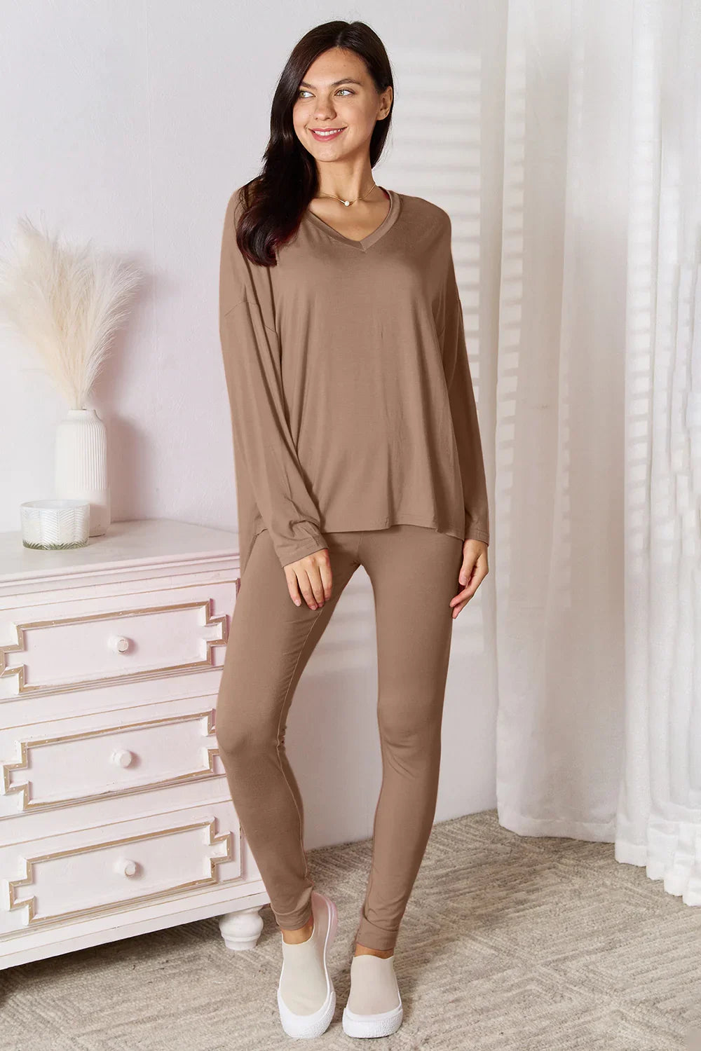 Basic Bae Full Size V-Neck Soft Rayon Long Sleeve Top and Pants Lounge Set - Trendibles