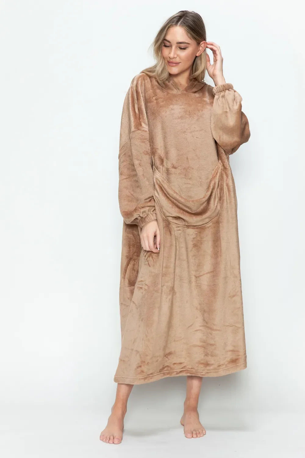 Double Take Full Size Pocketed Hooded Midi Lounge Dress - Trendibles
