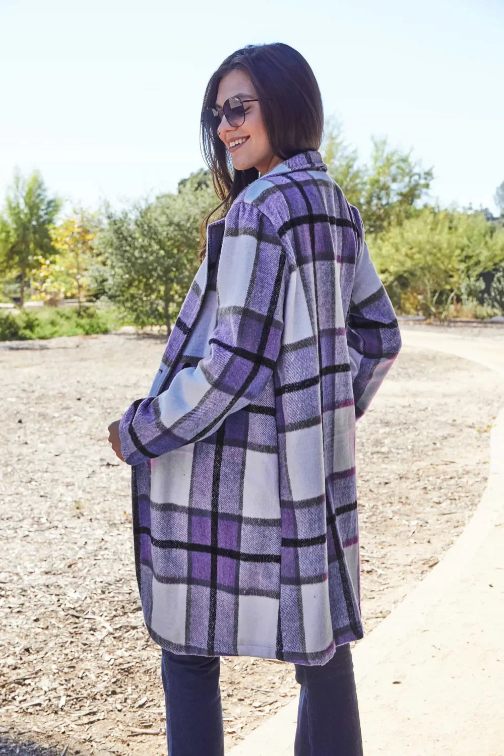Double Take Full Size Plaid Button Up Lapel Collar Coat - Trendibles