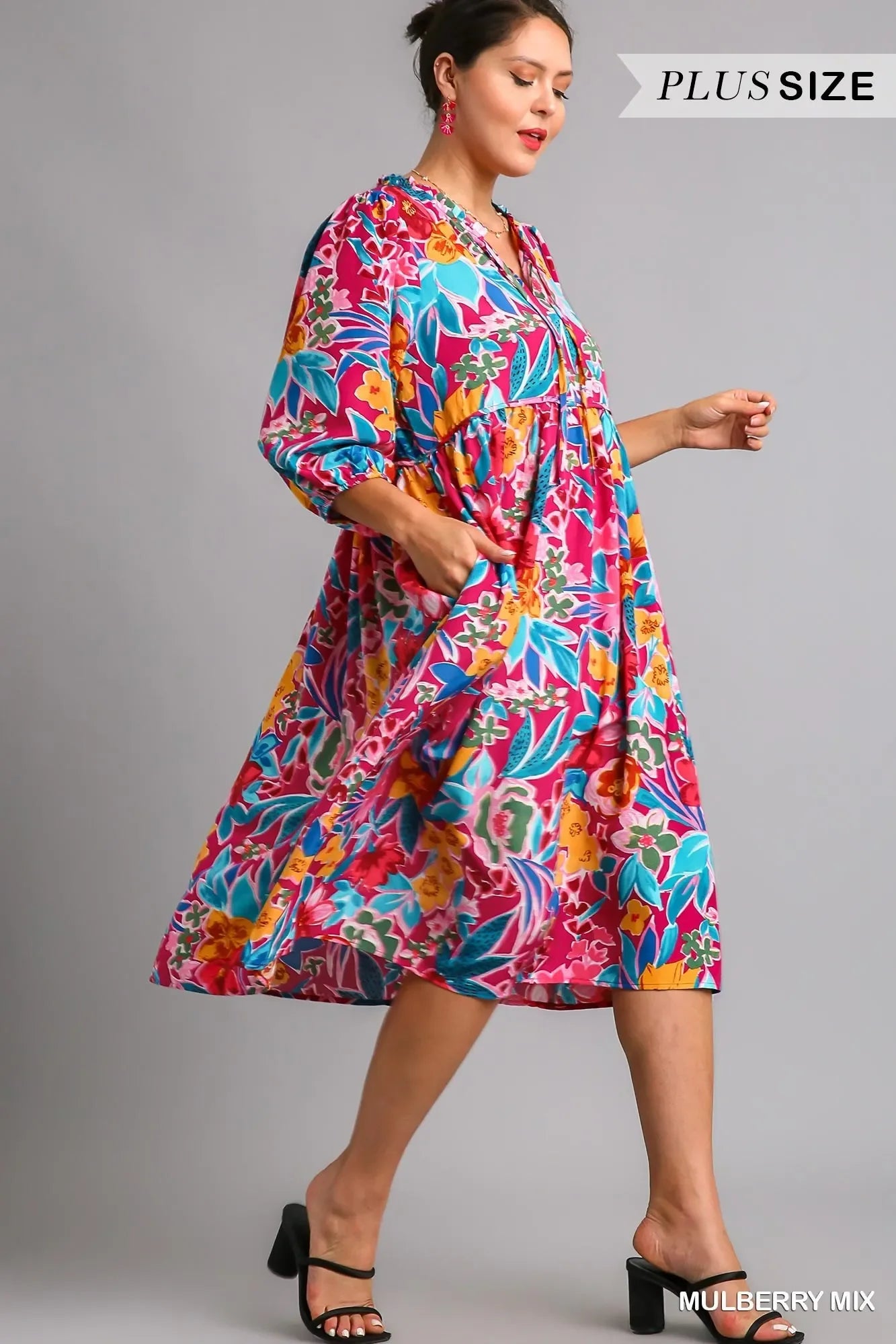 Umgee Full Size Floral Print Tie Neck Midi Dress with Pockets Plus Size - Trendibles