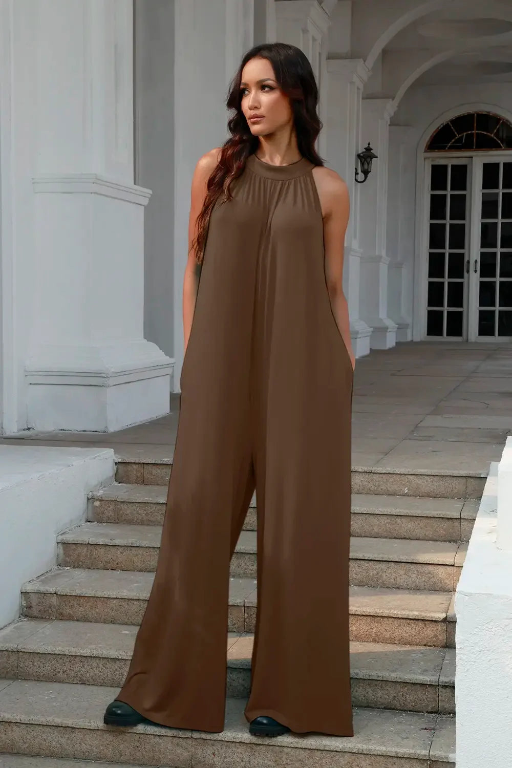 Double Take Full Size Tie Back Cutout Sleeveless Jumpsuit - Trendibles