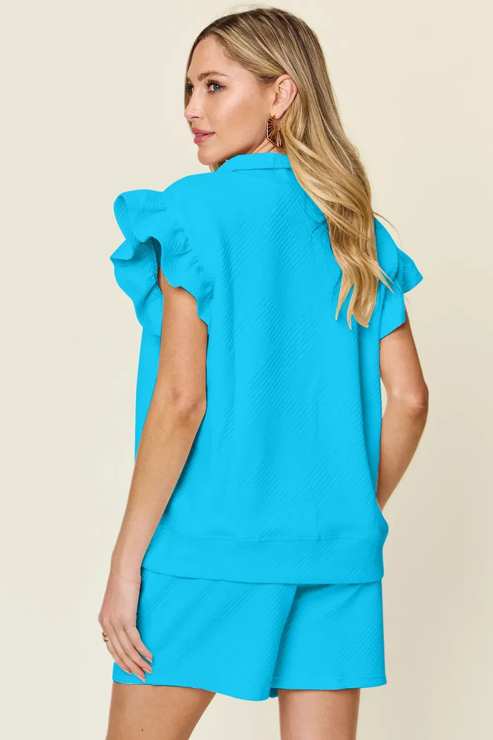 Double Take Full Size Texture Flounce Sleeve Top and Drawstring Shorts Set - Trendibles