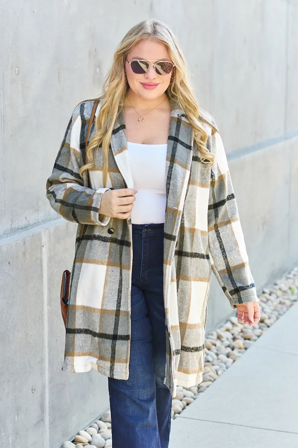 Double Take Full Size Plaid Button Up Lapel Collar Coat - Trendibles
