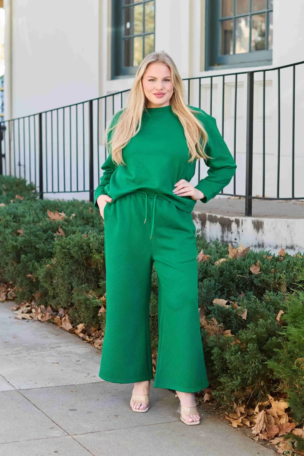 Double Take Full Size Textured Long Sleeve Top and Drawstring Pants Set - Trendibles