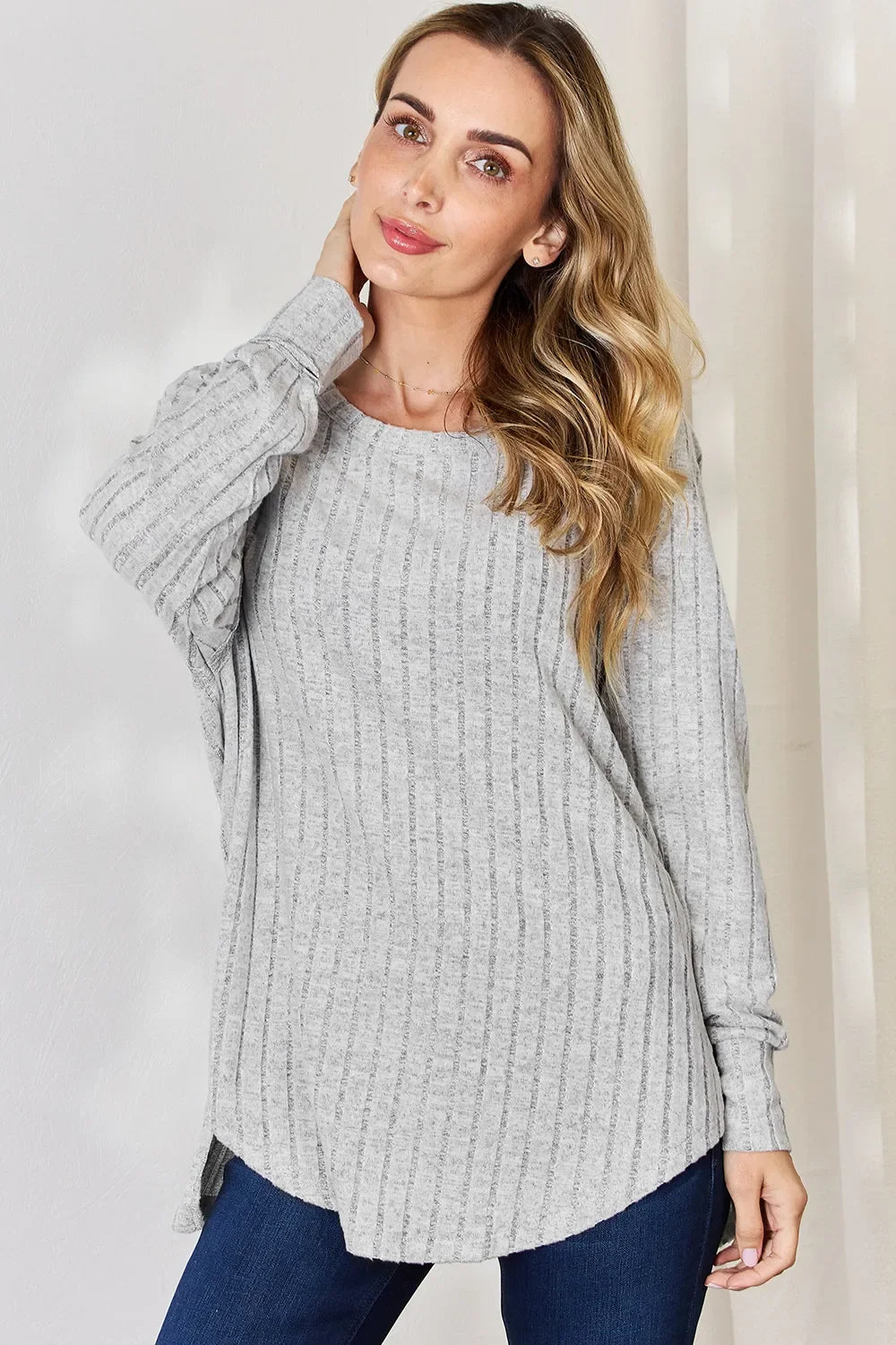 Basic Bae Full Size Ribbed Round Neck Slit T-Shirt - Trendibles