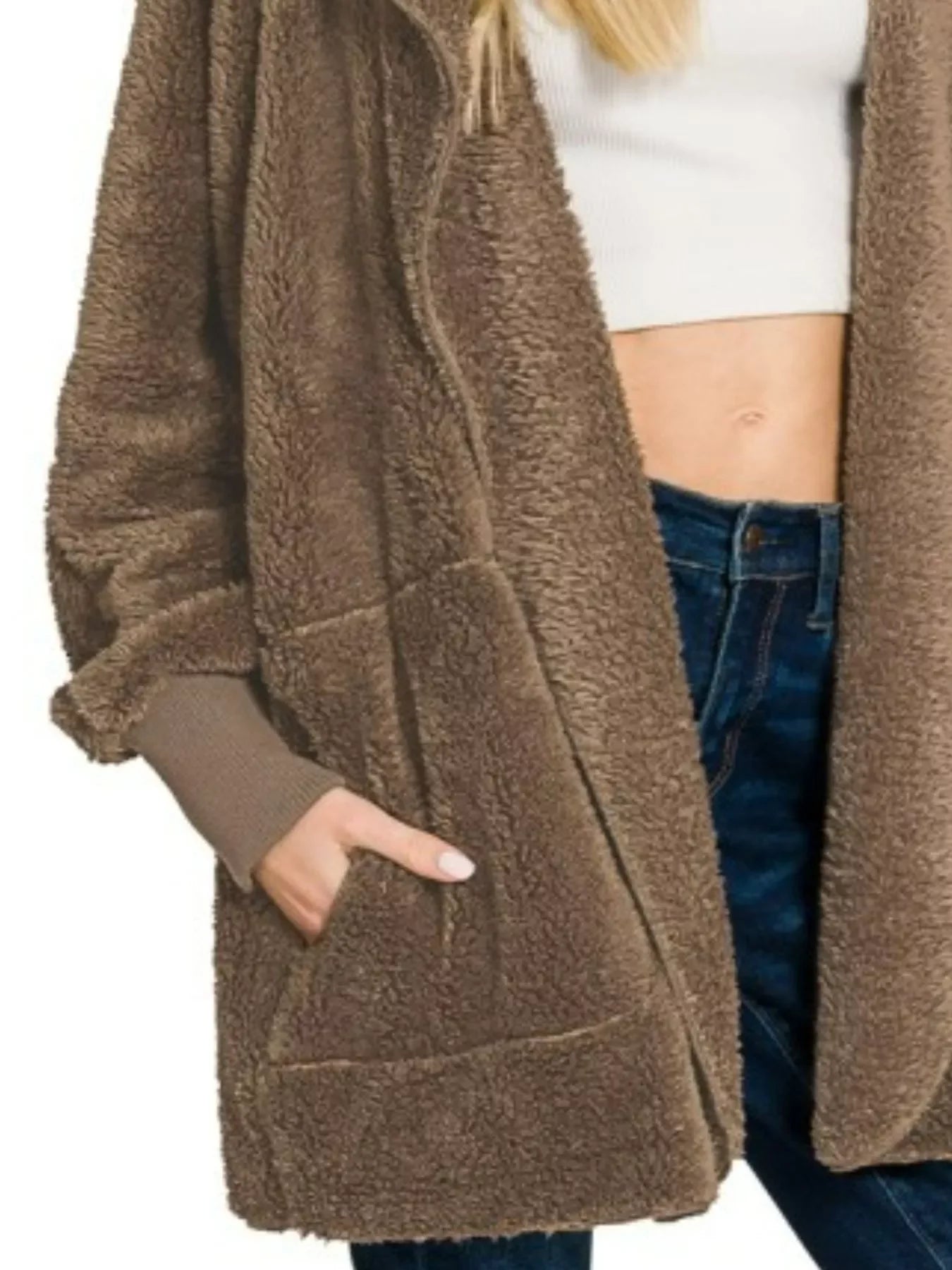 Zenana Hooded Faux Fur Jacket with Pockets - Trendibles