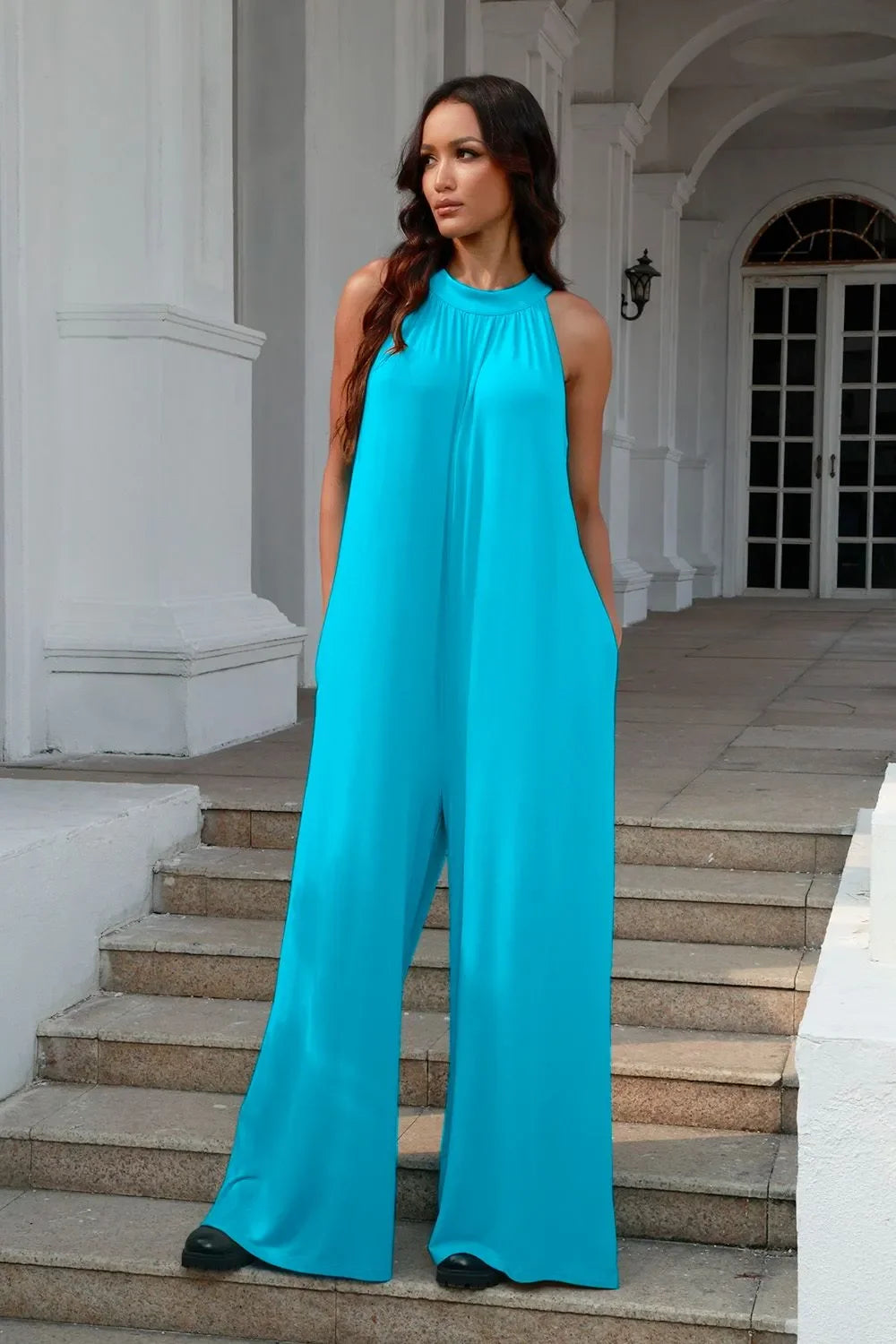 Double Take Full Size Tie Back Cutout Sleeveless Jumpsuit - Trendibles