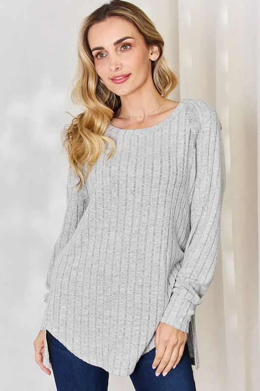 Basic Bae Full Size Ribbed Round Neck Slit T-Shirt - Trendibles