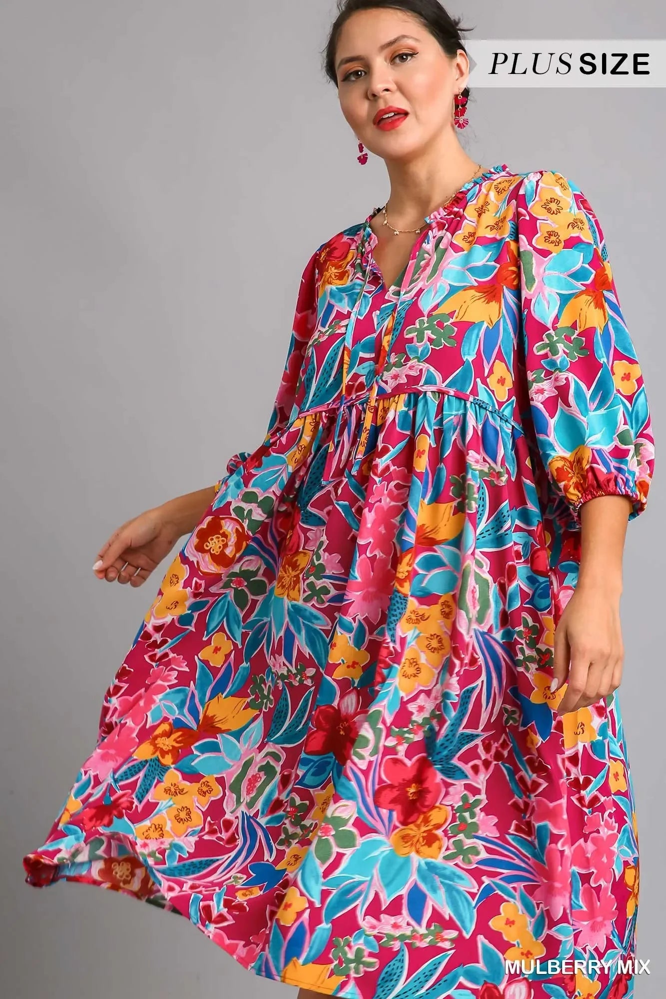 Umgee Full Size Floral Print Tie Neck Midi Dress with Pockets Plus Size - Trendibles