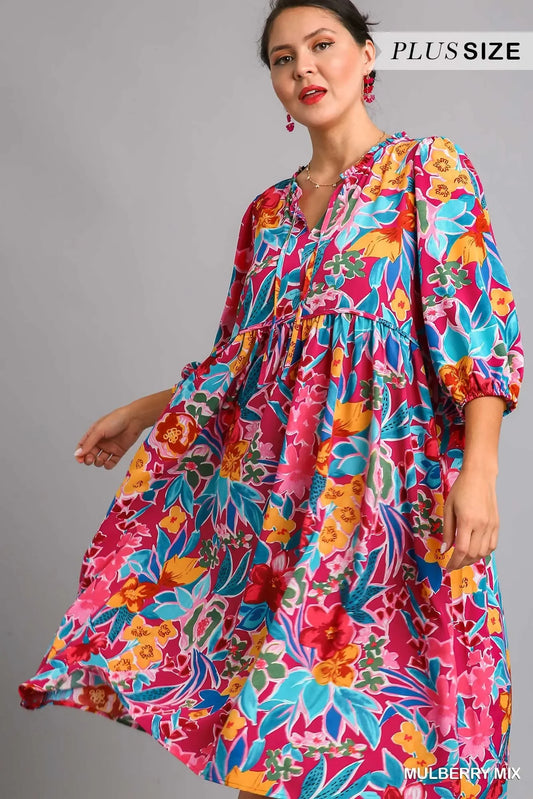 Umgee Full Size Floral Print Tie Neck Midi Dress with Pockets Plus Size - Trendibles